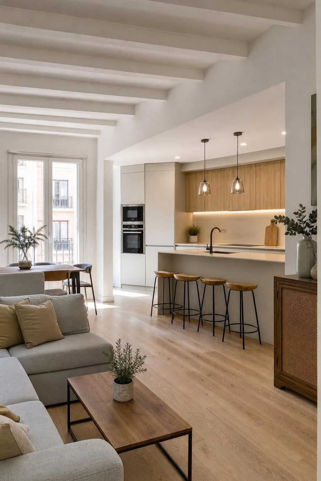 Salón y cocina abiertos de una vivienda recién reformada con suelo de roble claro