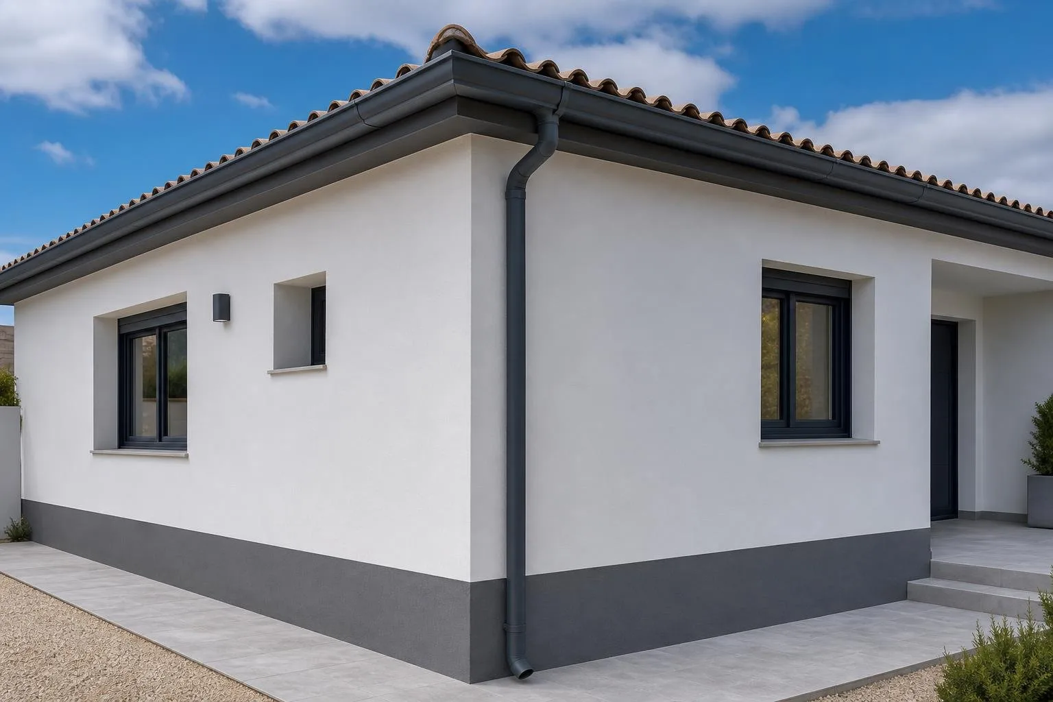 Esquina de vivienda con zócalo y canalón nuevos tras la rehabilitación